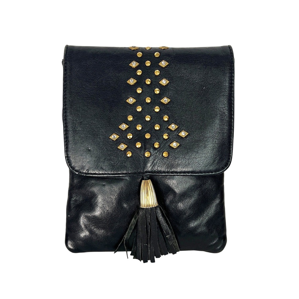 VINTAGE Black Leather Studded Rhinestone Tassel‎ Crossbody Purse